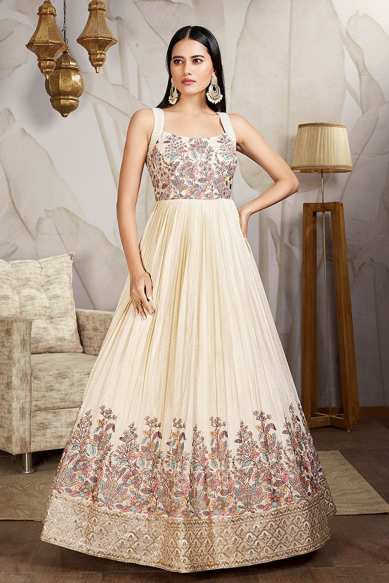 Creative Off-White Georgette Designer Anarkali Suit for Sangeet, Party, and Festivals