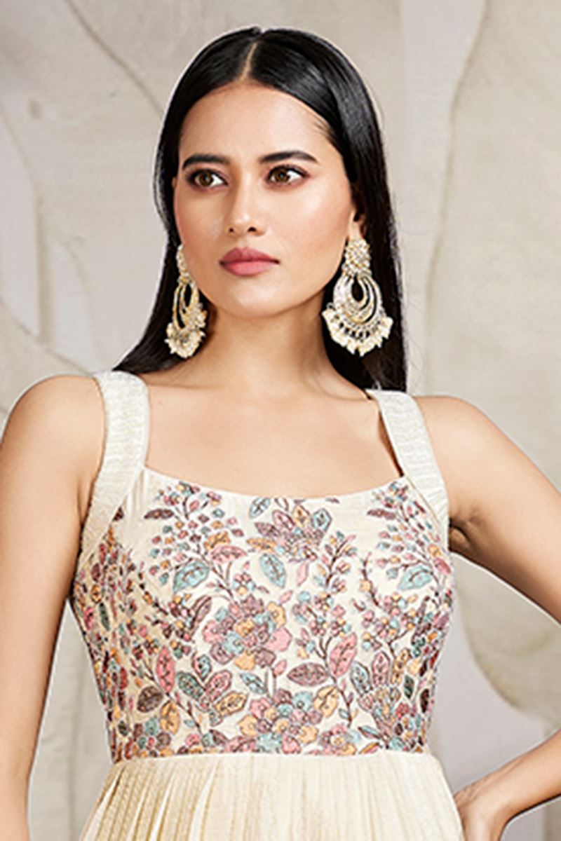 Creative Off-White Georgette Designer Anarkali Suit for Sangeet, Party, and Festivals