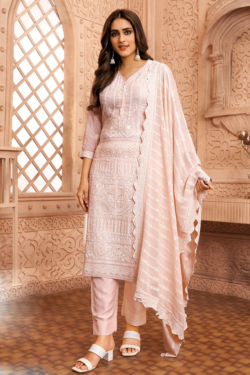 Alluring Peach Designer Straight Cut Suit for Party and Festivals