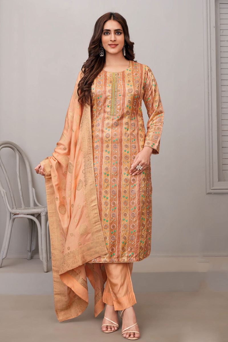 Enticing Peach Designer Straight Cut Suit for Party and Festivals