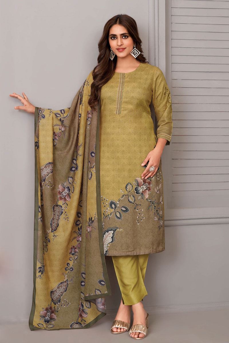 Artistic Mustard Designer Straight Cut Suit for Haldi, Party and Festivals