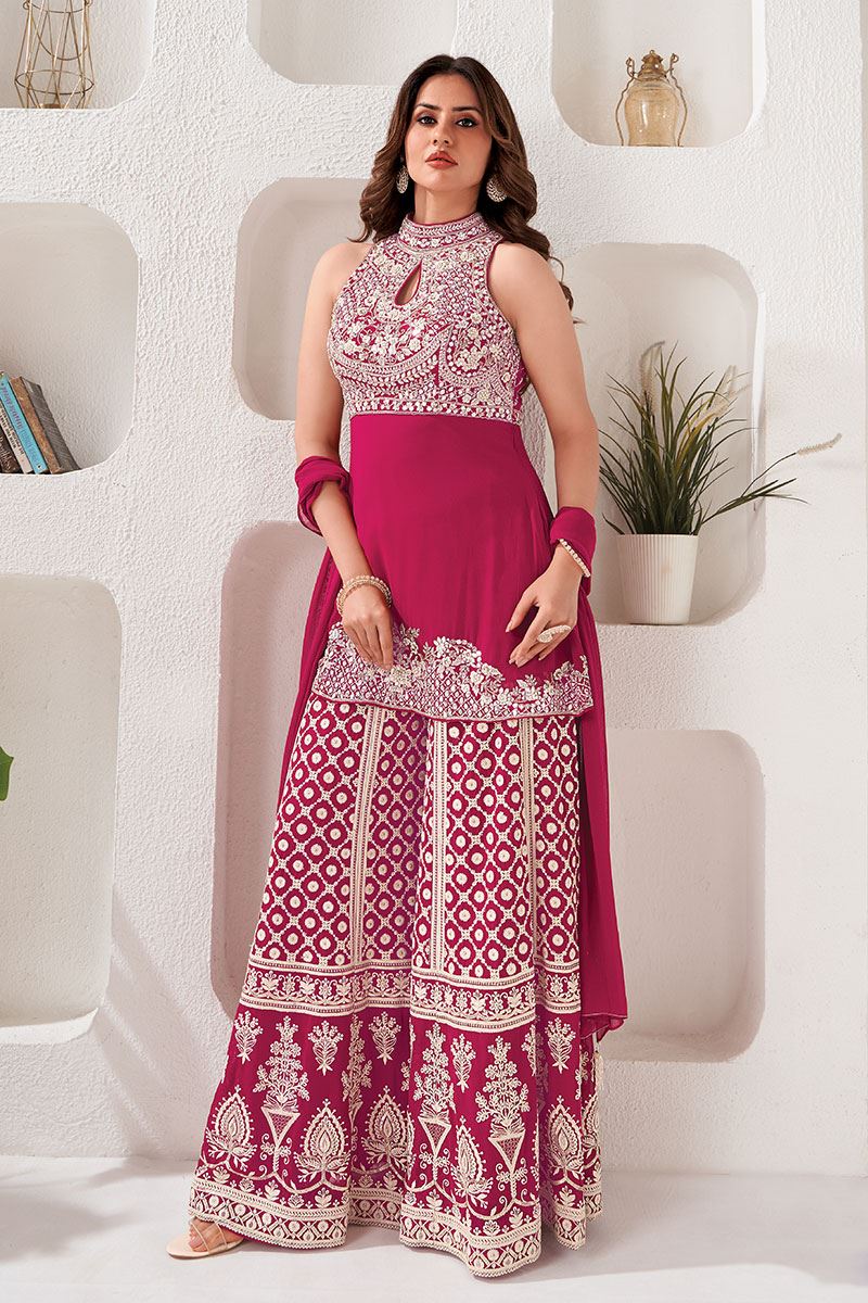 Alluring Rani Pink Designer Palazzo Suit for Engagement, Reception, and Party
