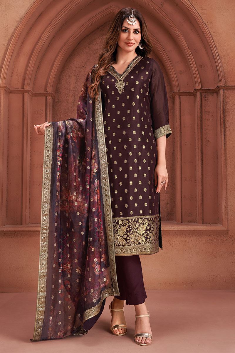 Beautiful Wine Designer Straight Cut Suit for Party and Festivals