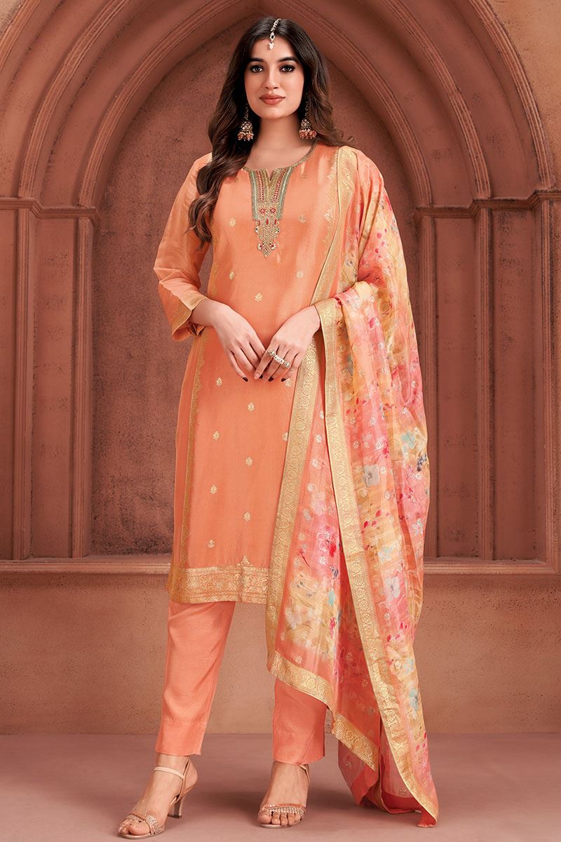 Artistic Peach Designer Straight Cut Suit for Party and Festivals