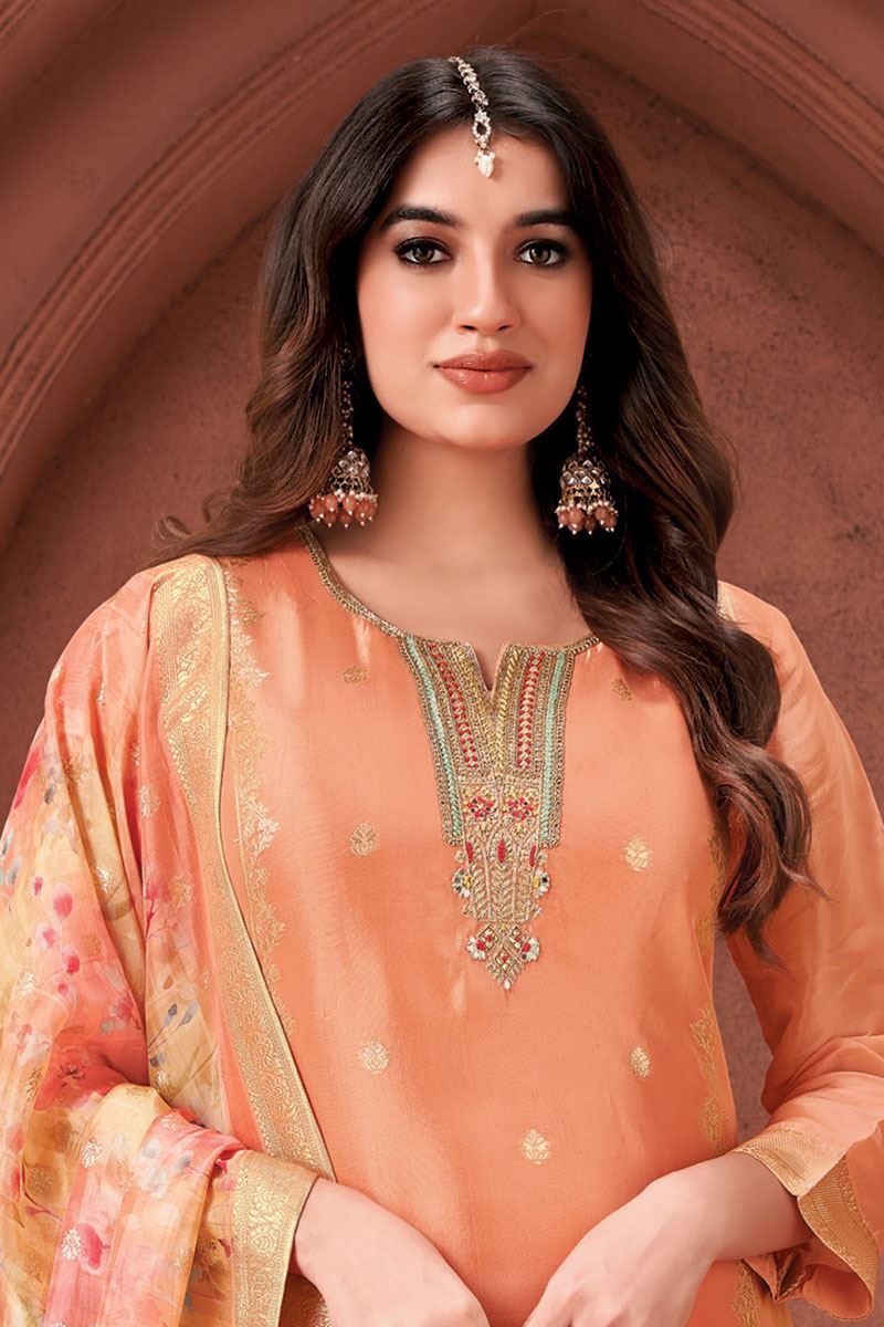 Artistic Peach Designer Straight Cut Suit for Party and Festivals