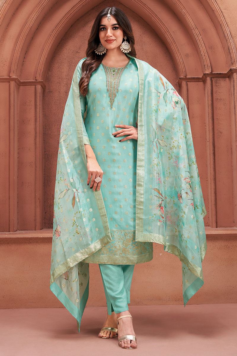Magnificent Sky Blue Designer Straight Cut Suit for Party and Festivals