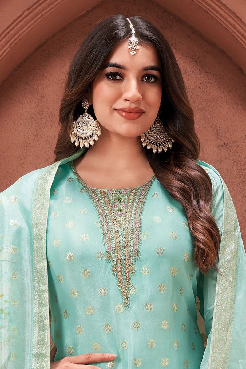 Magnificent Sky Blue Designer Straight Cut Suit for Party and Festivals