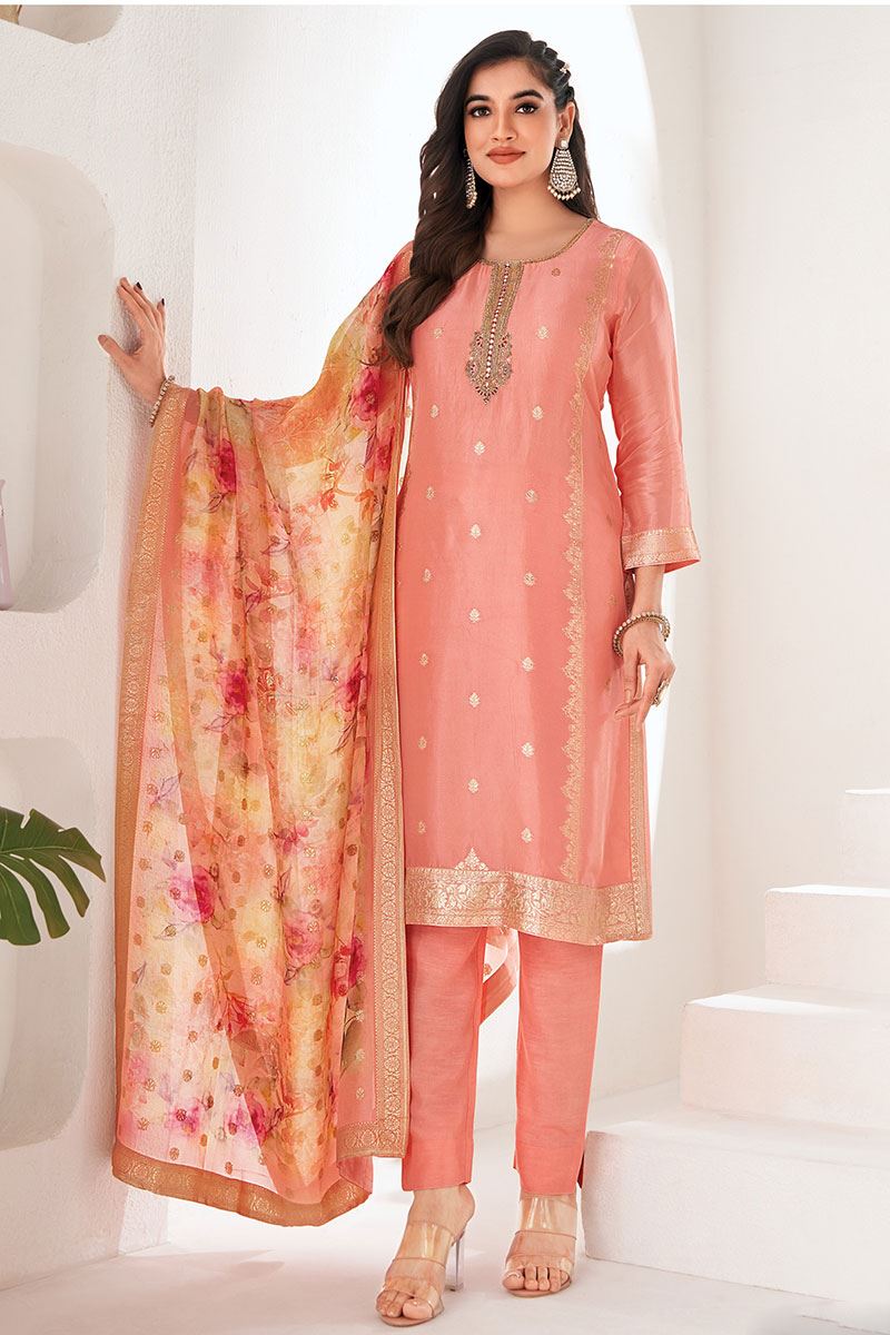 Impressive Peach Designer Straight Cut Suit for Party and Festivals