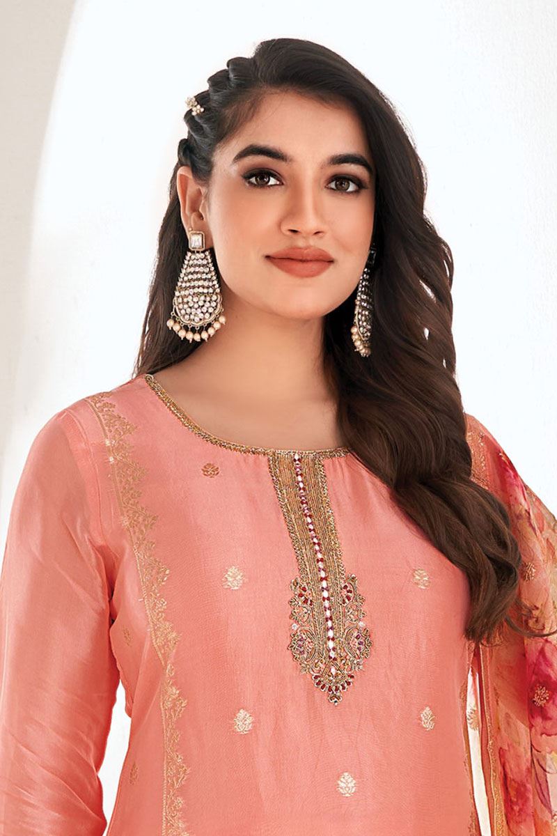 Impressive Peach Designer Straight Cut Suit for Party and Festivals