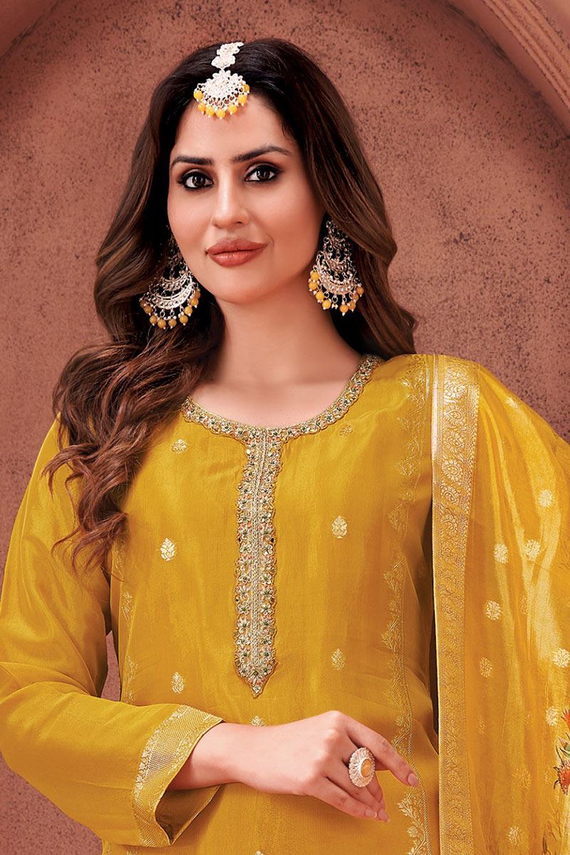 Glorious Mustard Designer Straight Cut Suit for Haldi, Party and Festivals