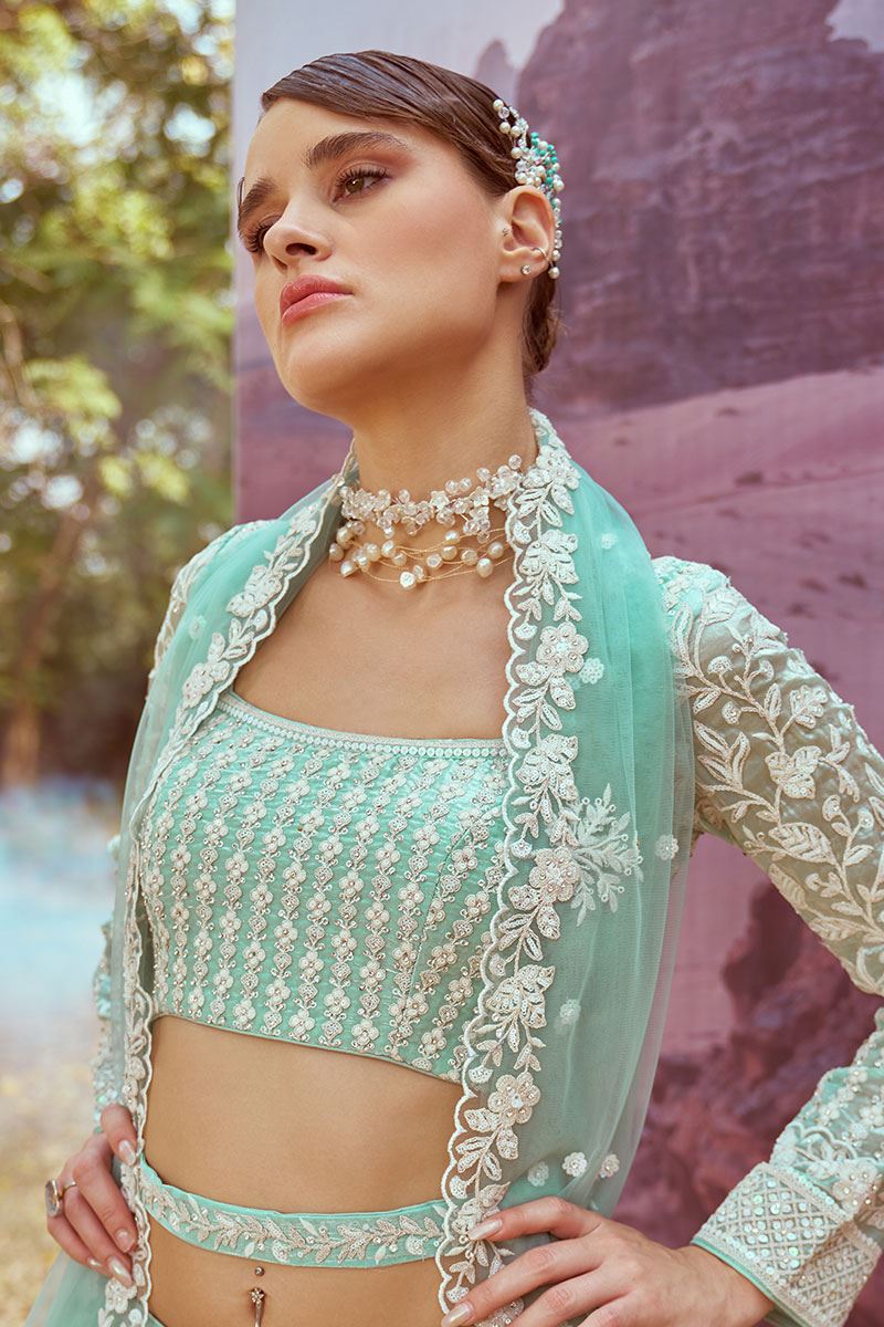 Dazzling Sea Green Designer Lehenga Choli for Engagement and Reception