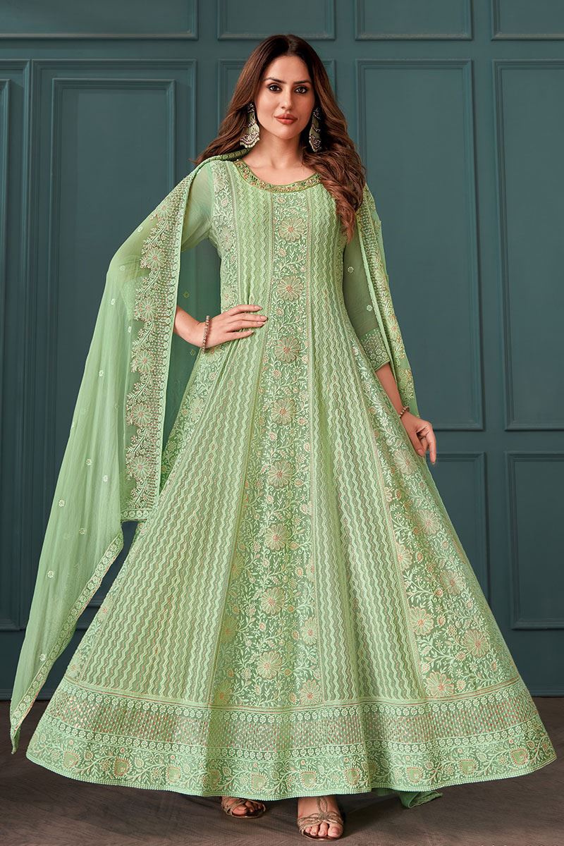 Smashing Sea Green Georgette Designer Anarkali Suit for Engagement, Party and Festivals