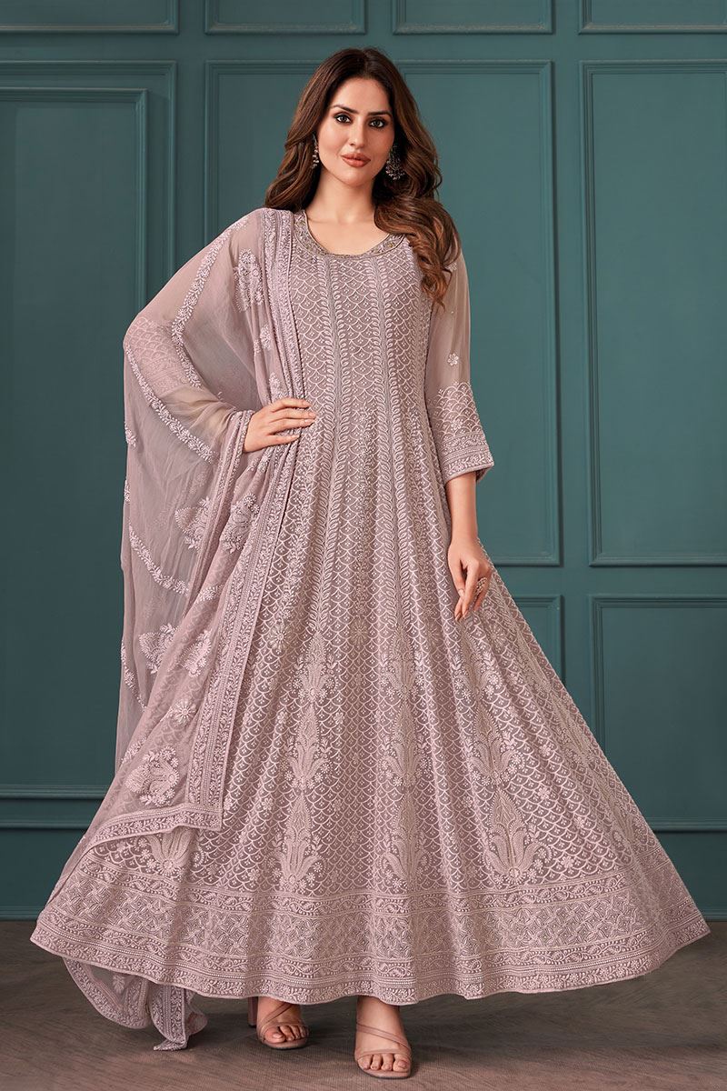 Aesthetic Light Onion Georgette Designer Anarkali Suit for Engagement, Party and Festivals