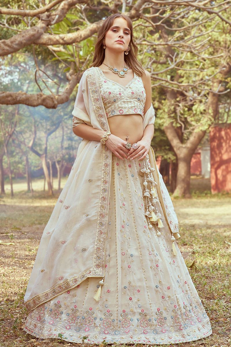 Irresistible Cream Designer Indo-Western Lehenga Choli for Engagement and Reception