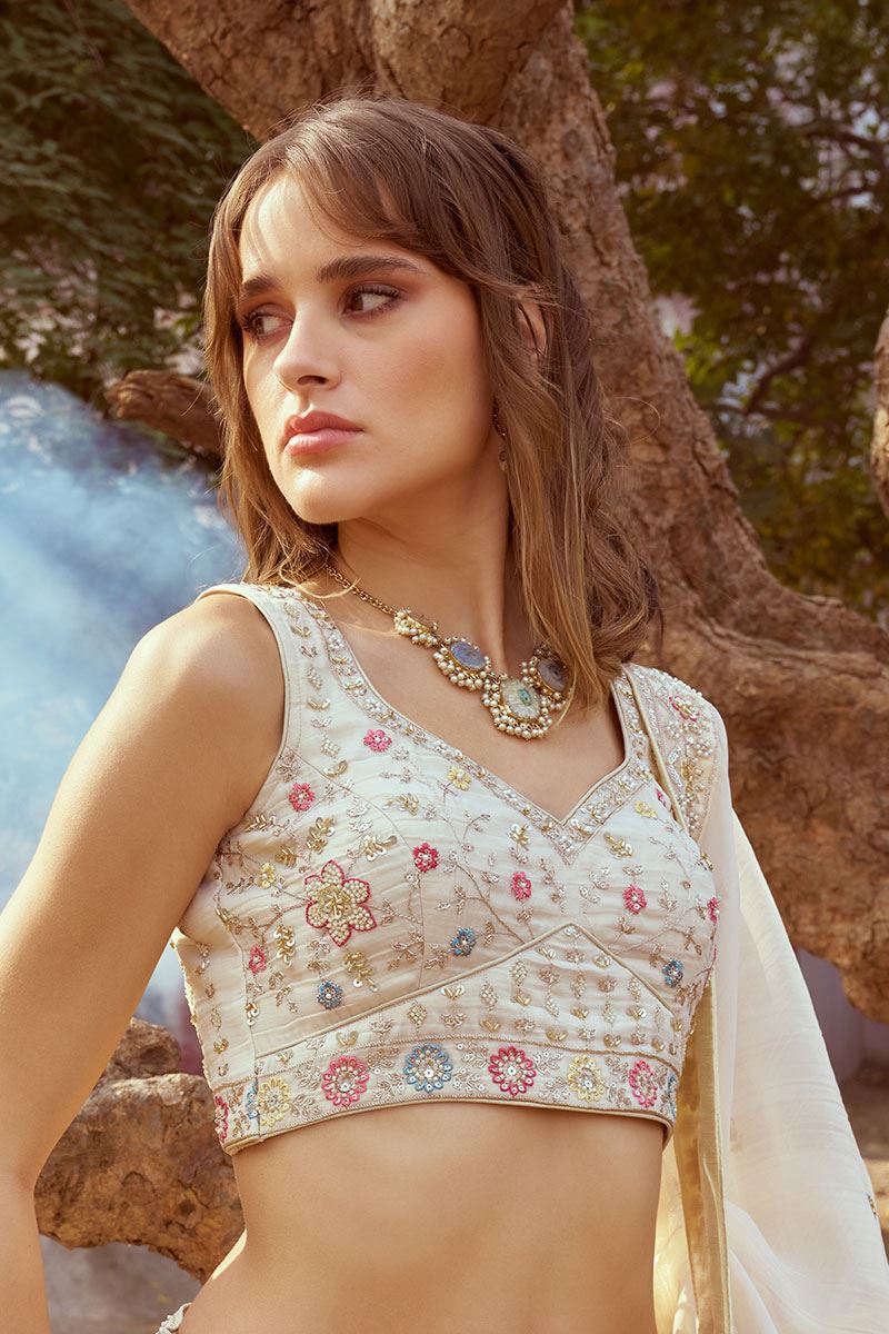 Irresistible Cream Designer Indo-Western Lehenga Choli for Engagement and Reception