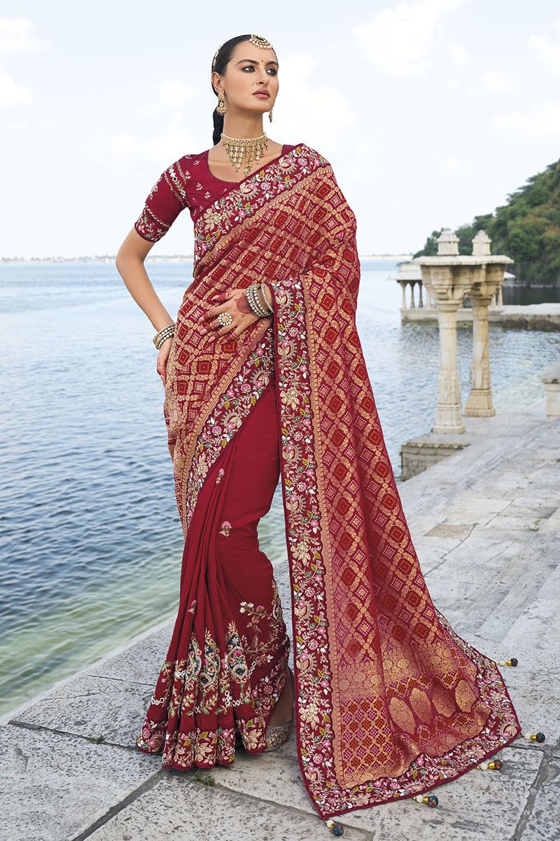 Gorgeous Blend of Pure Bandhej Silk and Dola Silk Saree for Wedding and Reception