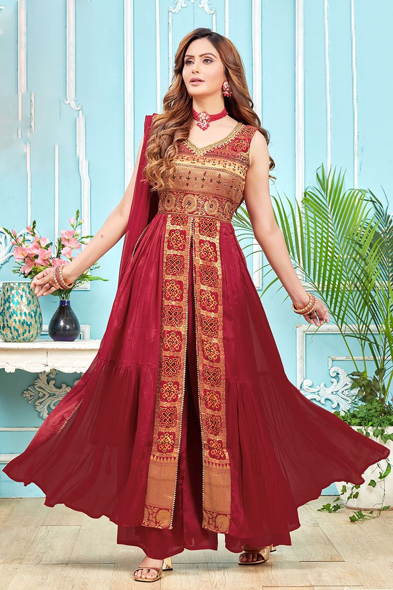 Spectacular Maroon Designer Palazzo Suit for Party, Sangeet, and Festivals