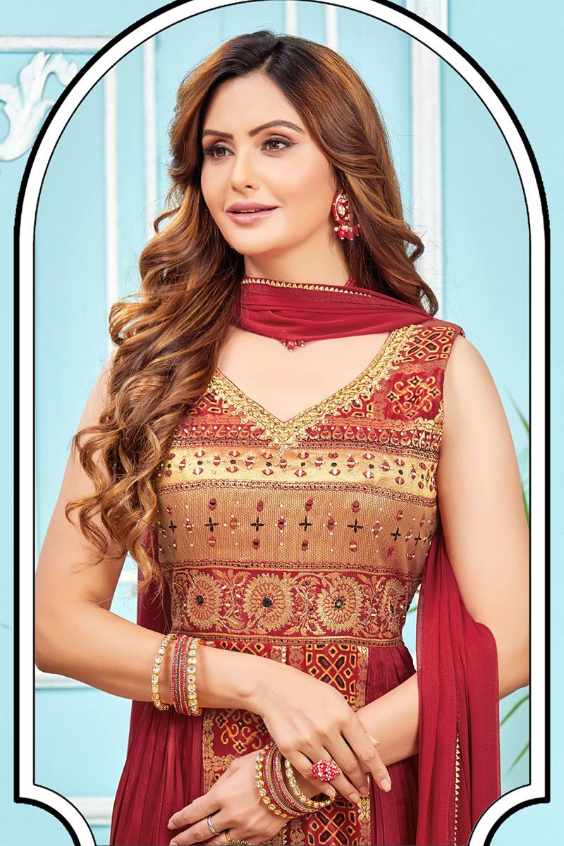 Spectacular Maroon Designer Palazzo Suit for Party, Sangeet, and Festivals