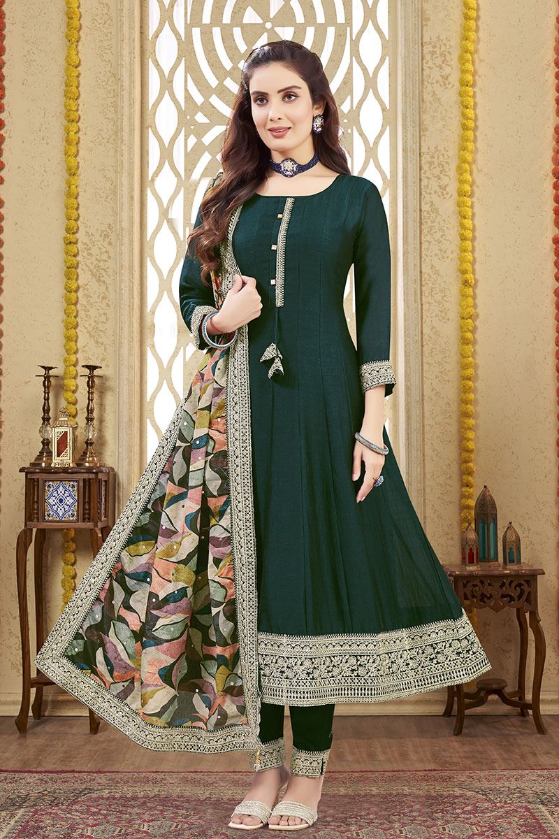 ClassyBottle Green Silk Designer Anarkali Suit for Mehendi, Reception, and Party
