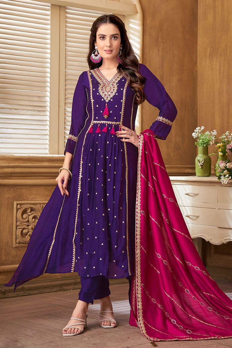 Artistic Purple Silk Designer Anarkali Suit for Sangeet, Festivals, and Party