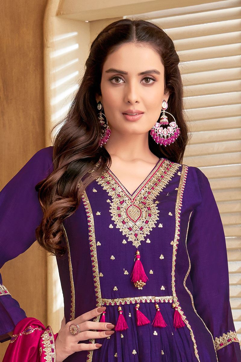 Artistic Purple Silk Designer Anarkali Suit for Sangeet, Festivals, and Party