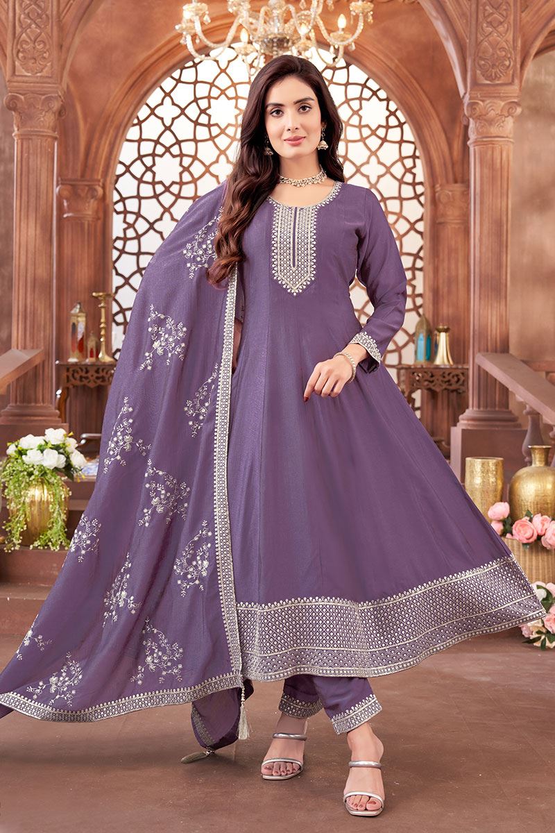 BeautifulLavender Silk Designer Anarkali Suit for Engagement, Sangeet, Festivals, and Party