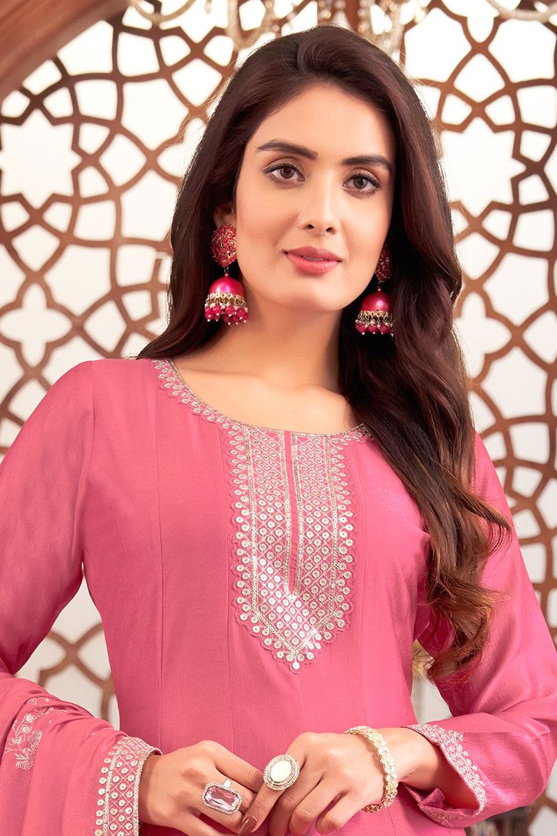 AttractivePink Silk Designer Anarkali Suit for Engagement, Sangeet, Festivals, and Party