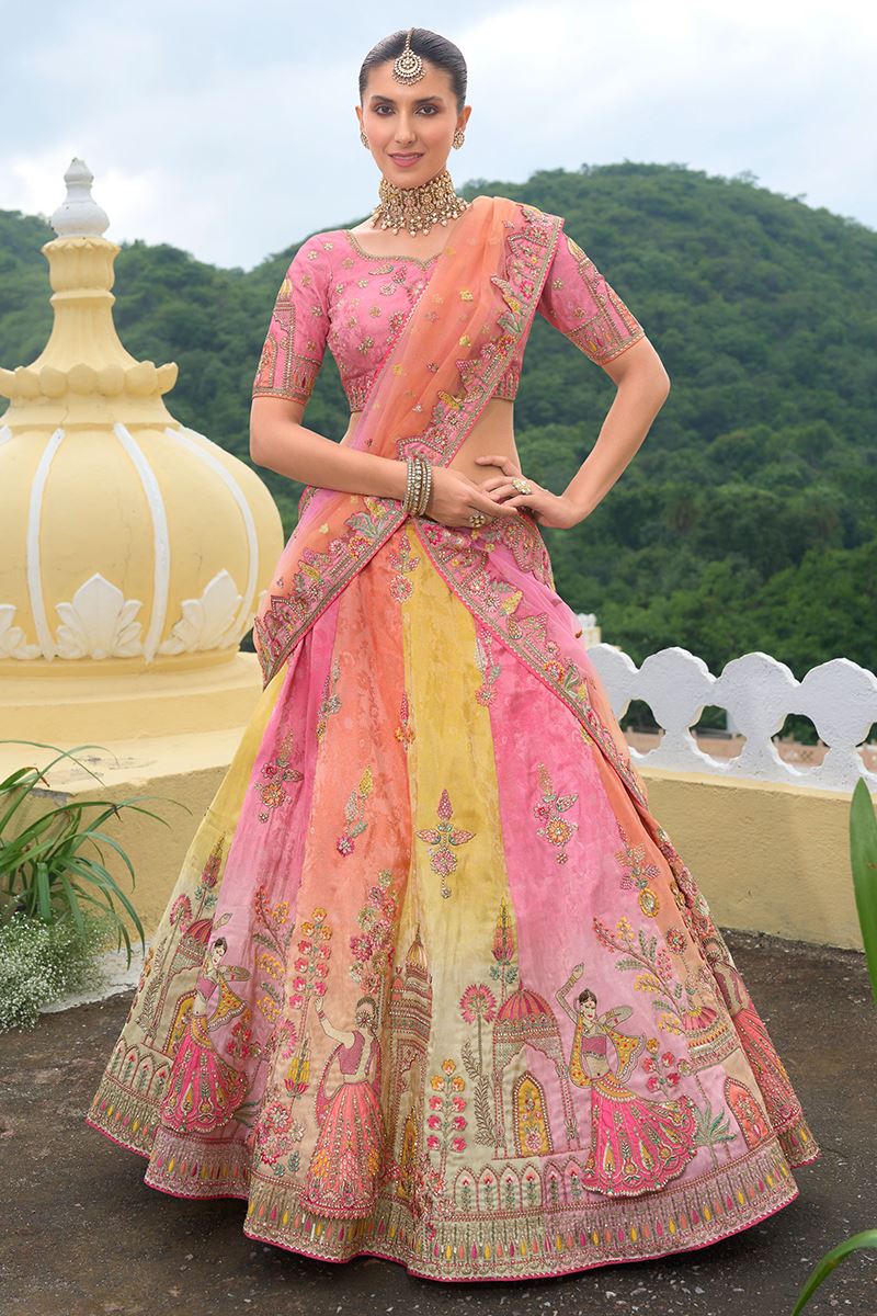 Heavenly Pink and Yellow Designer Wedding Lehenga Choli for Engagement, Sangeet, and Reception