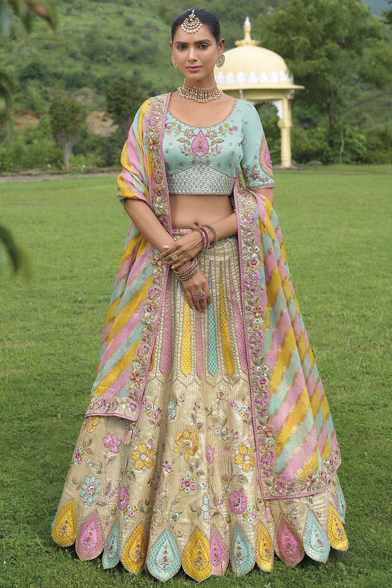 Impressive Cream and Sky Blue Designer Wedding Lehenga Choli for Engagement and Reception