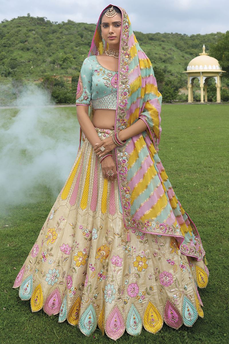 Impressive Cream and Sky Blue Designer Wedding Lehenga Choli for Engagement and Reception