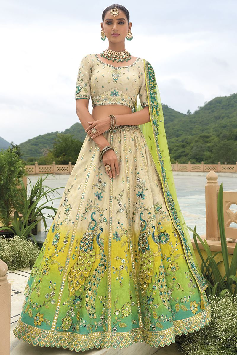 Flawless Shaded Cream and Green Designer Wedding Lehenga Choli for Engagement and Reception