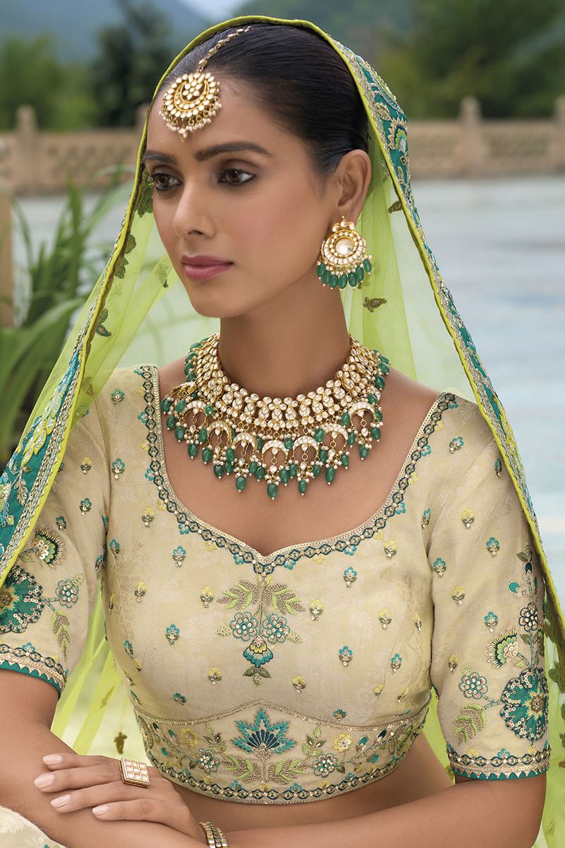 Flawless Shaded Cream and Green Designer Wedding Lehenga Choli for Engagement and Reception