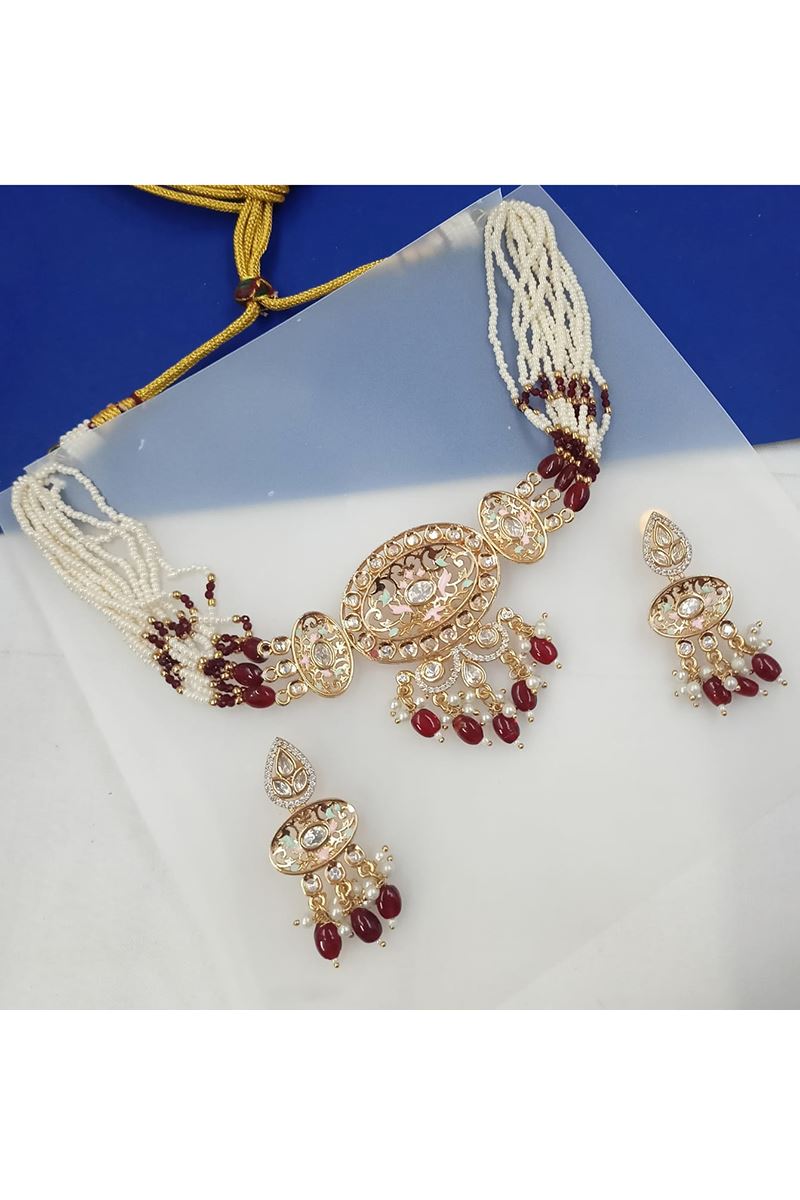 Splendid Maroon Designer Choker Set for Engagement, Reception, Wedding, Sangeet, and Festivals