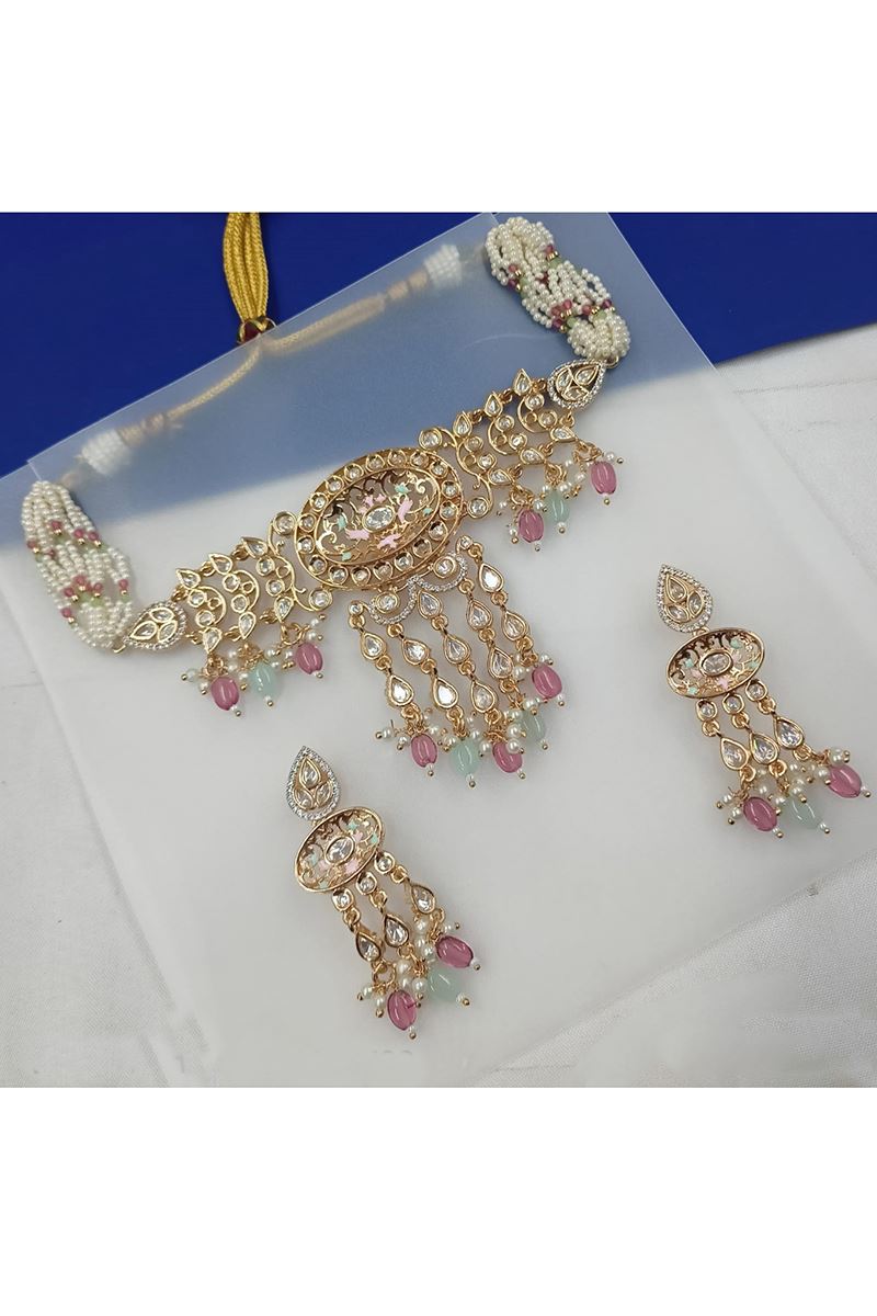 Stunning Pink and Sky Blue Designer Choker Set for Engagement, Reception, Sangeet, and Festivals