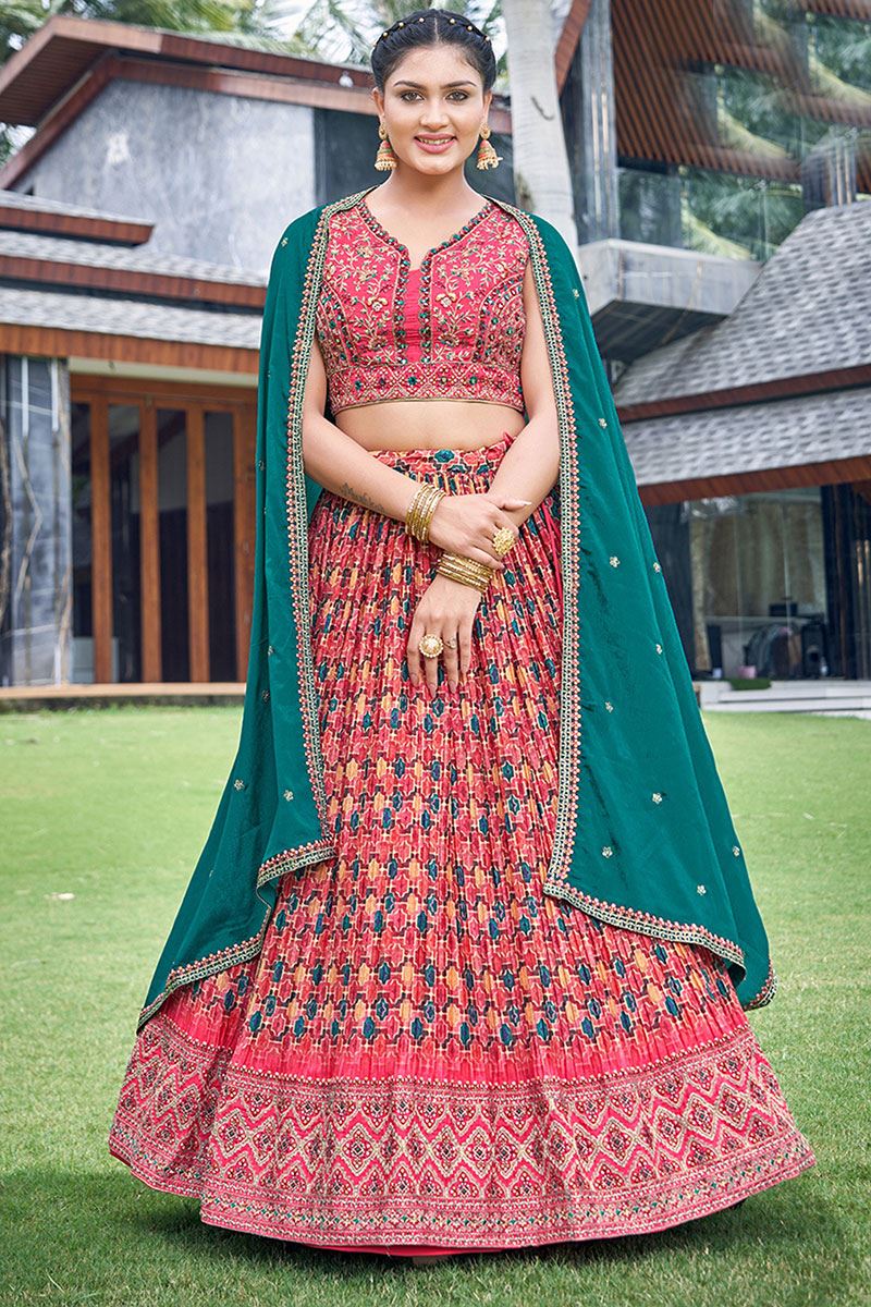 ExuberantRed Designer Indo-Western Lehenga Choli forMehendi, Festivals, and Party