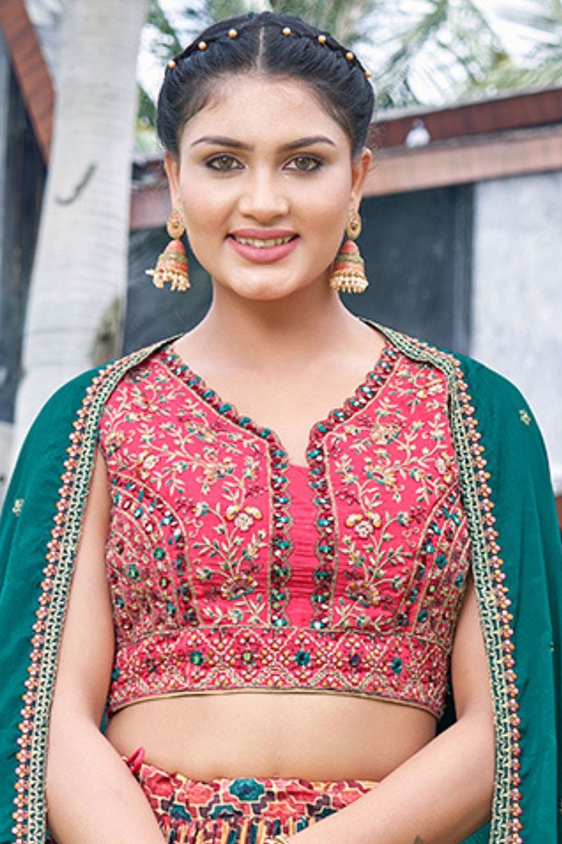 ExuberantRed Designer Indo-Western Lehenga Choli forMehendi, Festivals, and Party