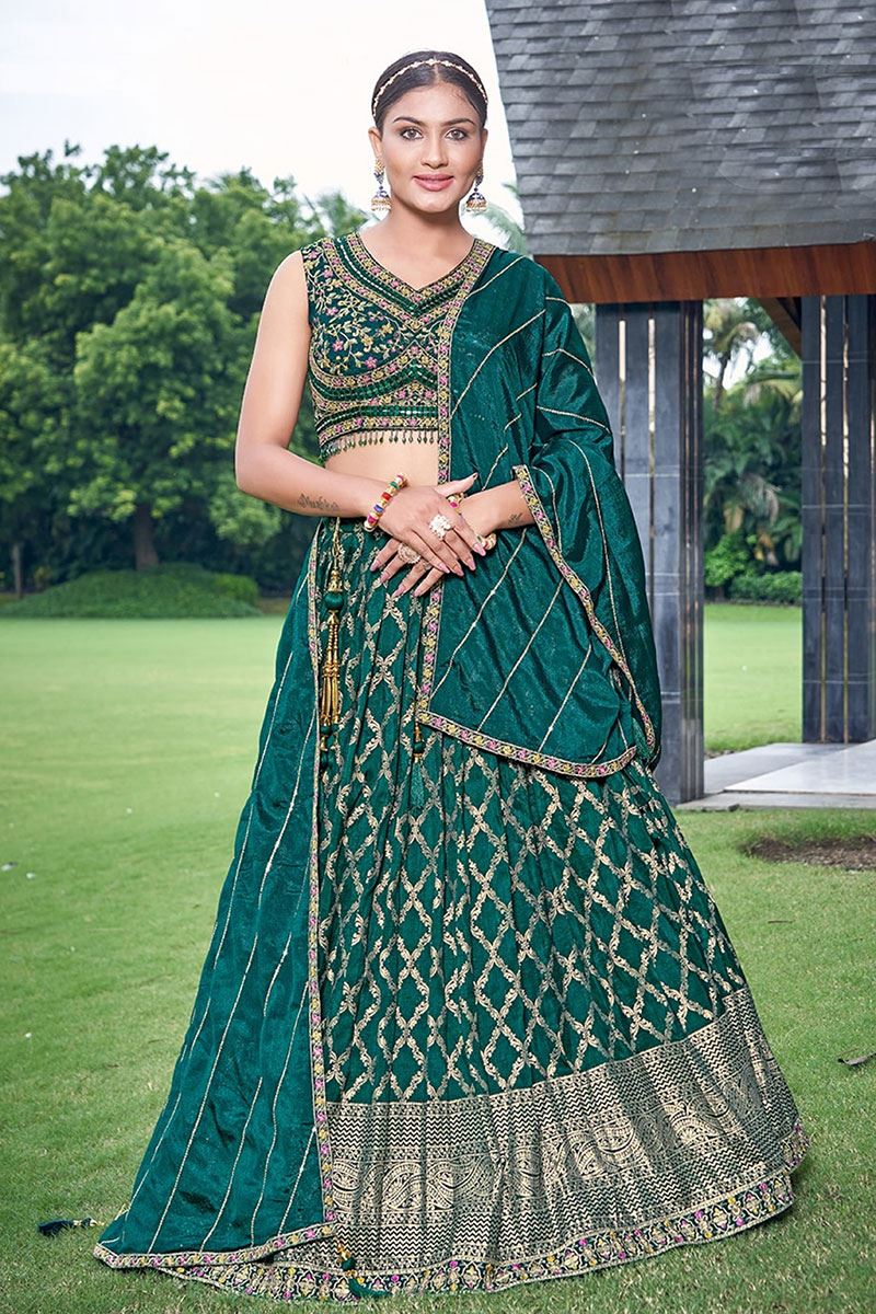 DazzlingBottle Green Designer Indo-Western Lehenga Choli for Mehendi, Reception, Festivals, and Party