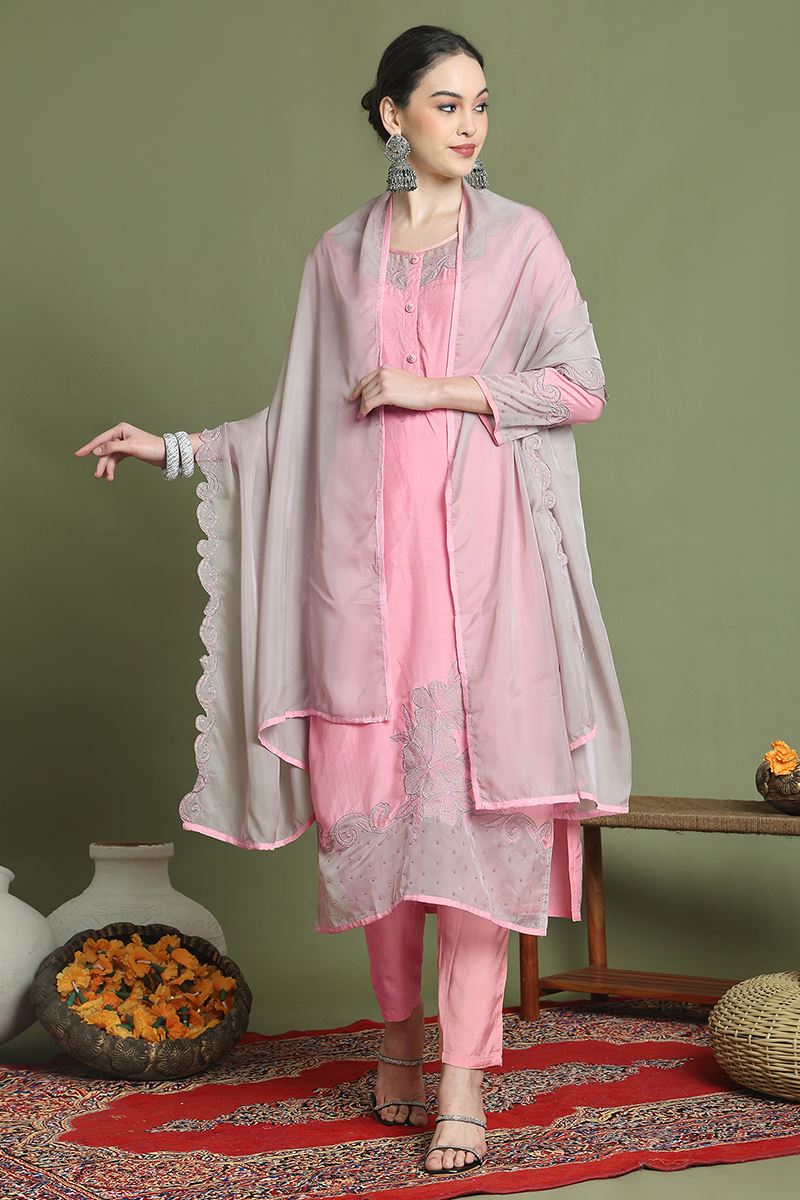 GlamorousPeach Designer Straight Cut Suit for Party and Festivals(Unstitched suit)