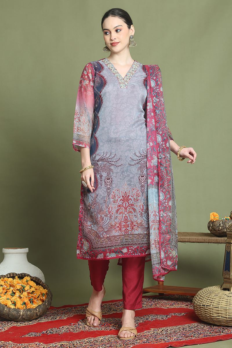 MagnificentGrey Designer Straight Cut Suit for Party, Sangeet, and Festivals(Unstitched suit)