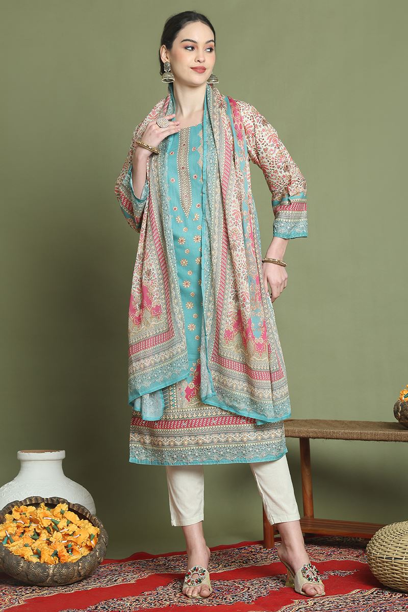 GloriousTeal Designer Straight Cut Suit for Party, Sangeet, and Festivals(Unstitched suit)