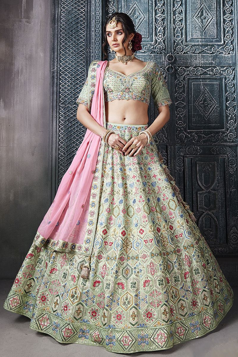 Amazing Pista Green Designer Wedding Lehenga Choli for Engagement and Reception