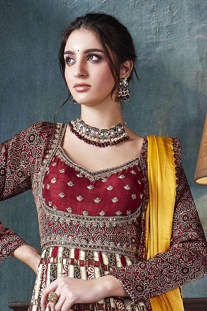 Striking Maroon Silk Designer Anarkali Suit for Wedding and Reception