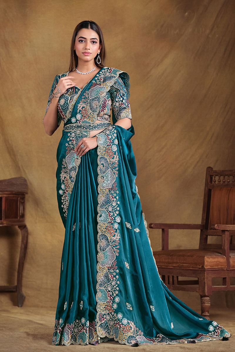 Exquisite Crush Satin Silk Designer Saree for Reception, Party and Sangeet