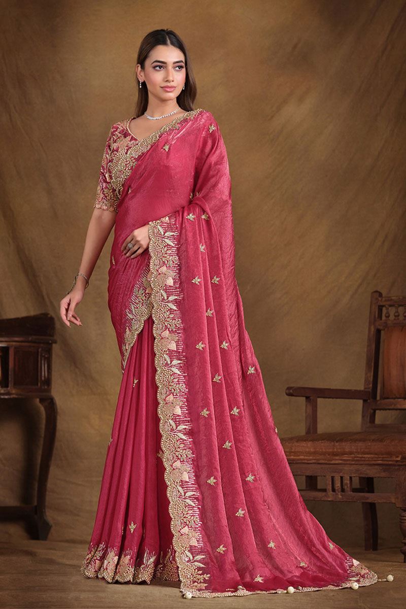 Attractive Two Tone Satin Silk Designer Saree for Wedding, Reception, Party and Sangeet