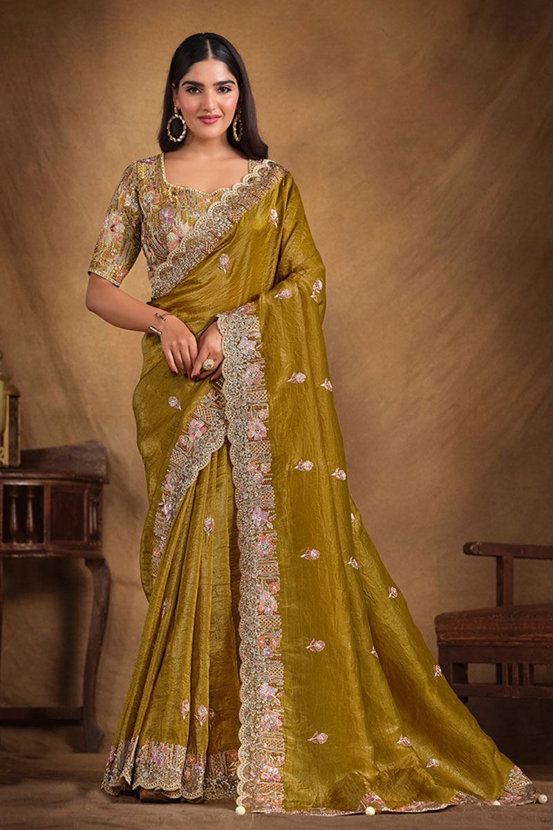 Impressive Crush Paper Silk Designer Saree for Mehendi, Pre-Wedding Shoot, and Party