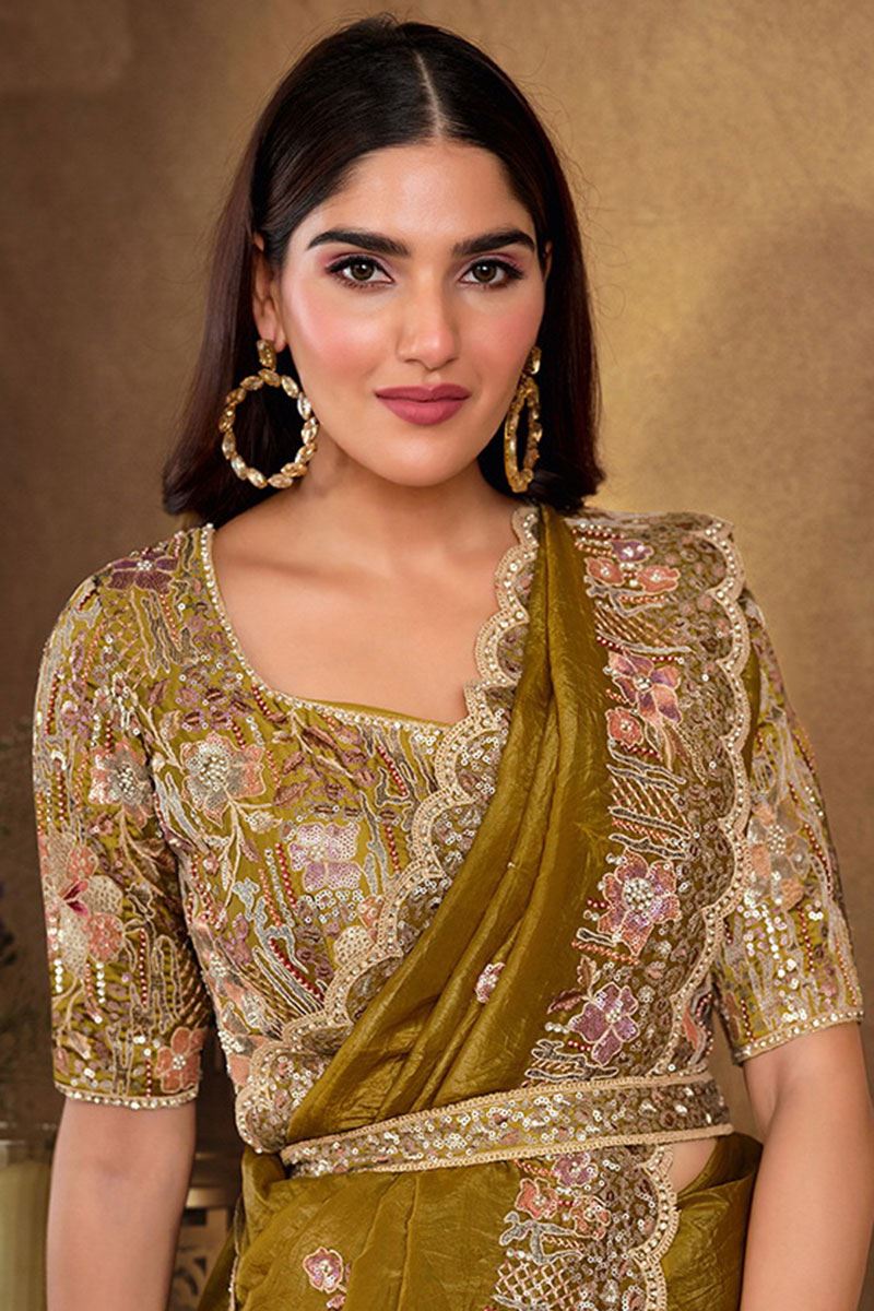 Impressive Crush Paper Silk Designer Saree for Mehendi, Pre-Wedding Shoot, and Party