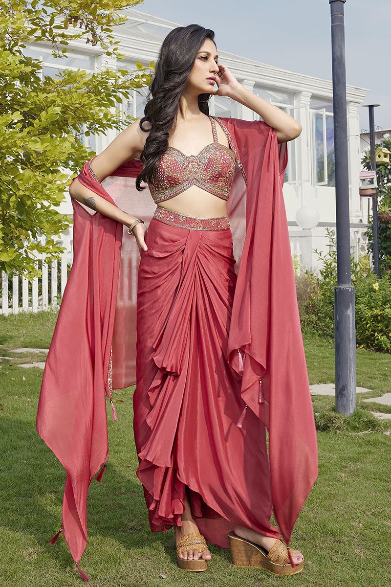 Royal Peach Silk Designer Indo-Western Outfit for Party, Pre-Wedding Shoot, and Sangeet