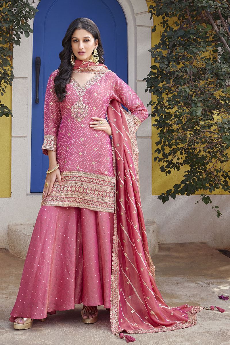 Spectacular Pink Silk Designer Palazzo Suit for Wedding, Engagement, Reception, and Sangeet