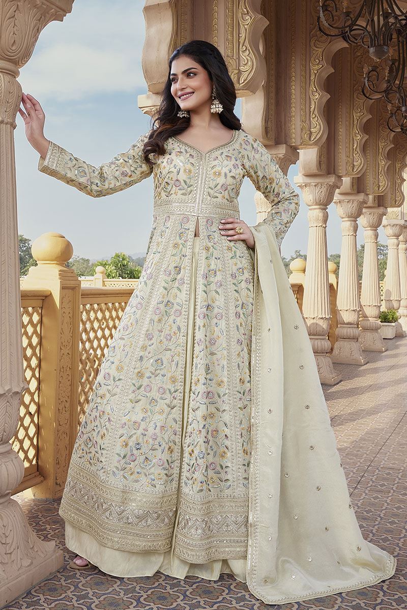 Charismatic Cream Chinnon Designer Palazzo Suit for Engagement and Reception