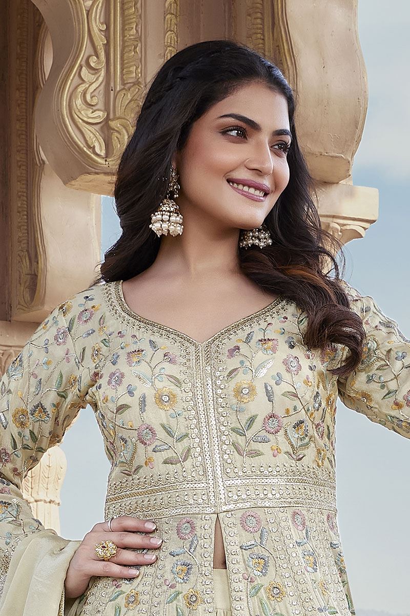 Charismatic Cream Chinnon Designer Palazzo Suit for Engagement and Reception